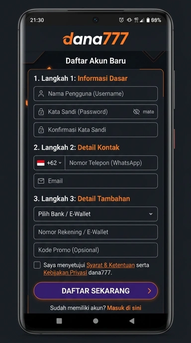 Tampilan halaman daftar dana777